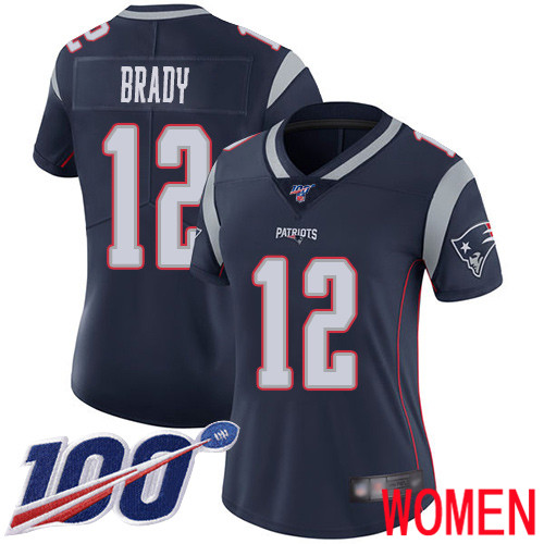 New England Patriots Football #12 Vapor Untouchable 100th Season Limited Navy Blue Women Tom Brady Home NFL Jersey->women nfl jersey->Women Jersey